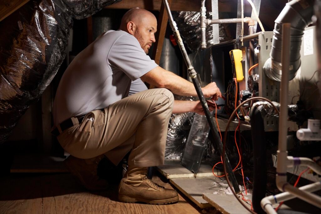 HVAC Technician Inspecting System HVAC technician inspecting a home heating and cooling system