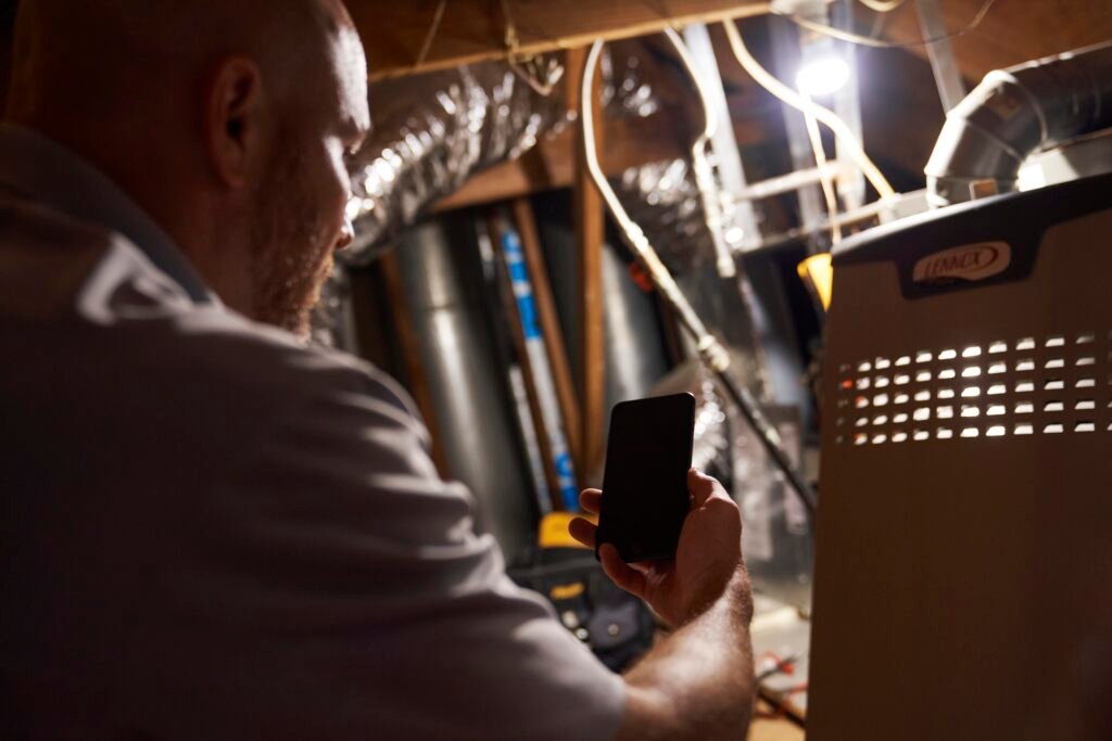 HVAC technician inspecting indoor heating equipment