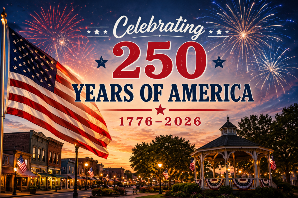 Celebrating 250 years of America with fireworks, an American flag, and a small-town community scene