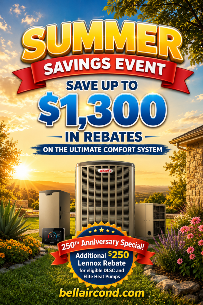 Bell Air Conditioning Summer Savings Event flyer promoting Lennox rebates up to $1,300, plus an additional $250 rebate on eligible DLSC and Elite heat pumps.